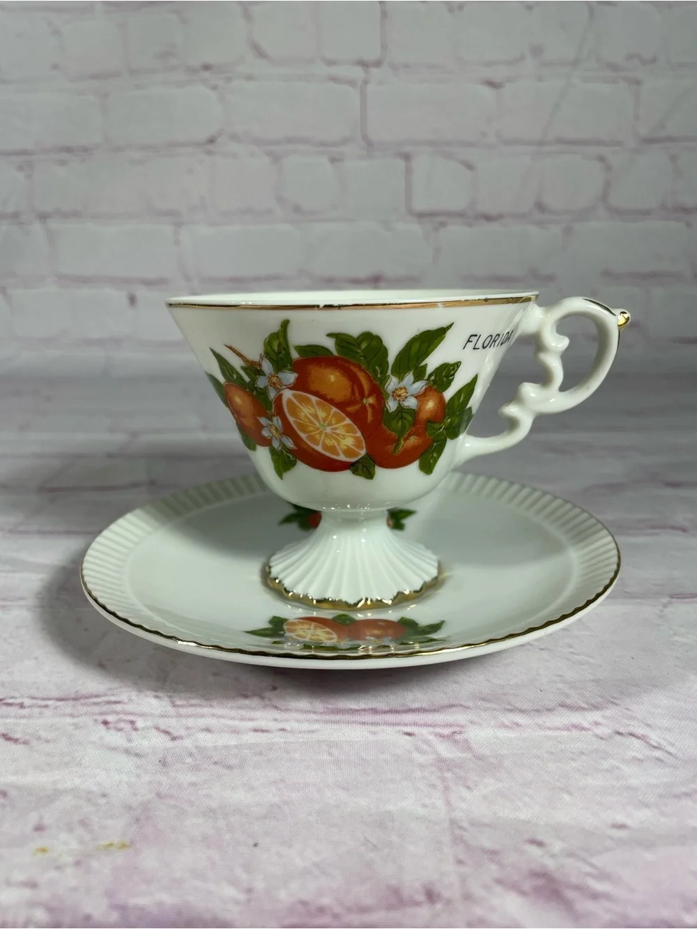Vintage Florida Oranges Souvenir Footed Teacup and Saucer Set Gold Trim